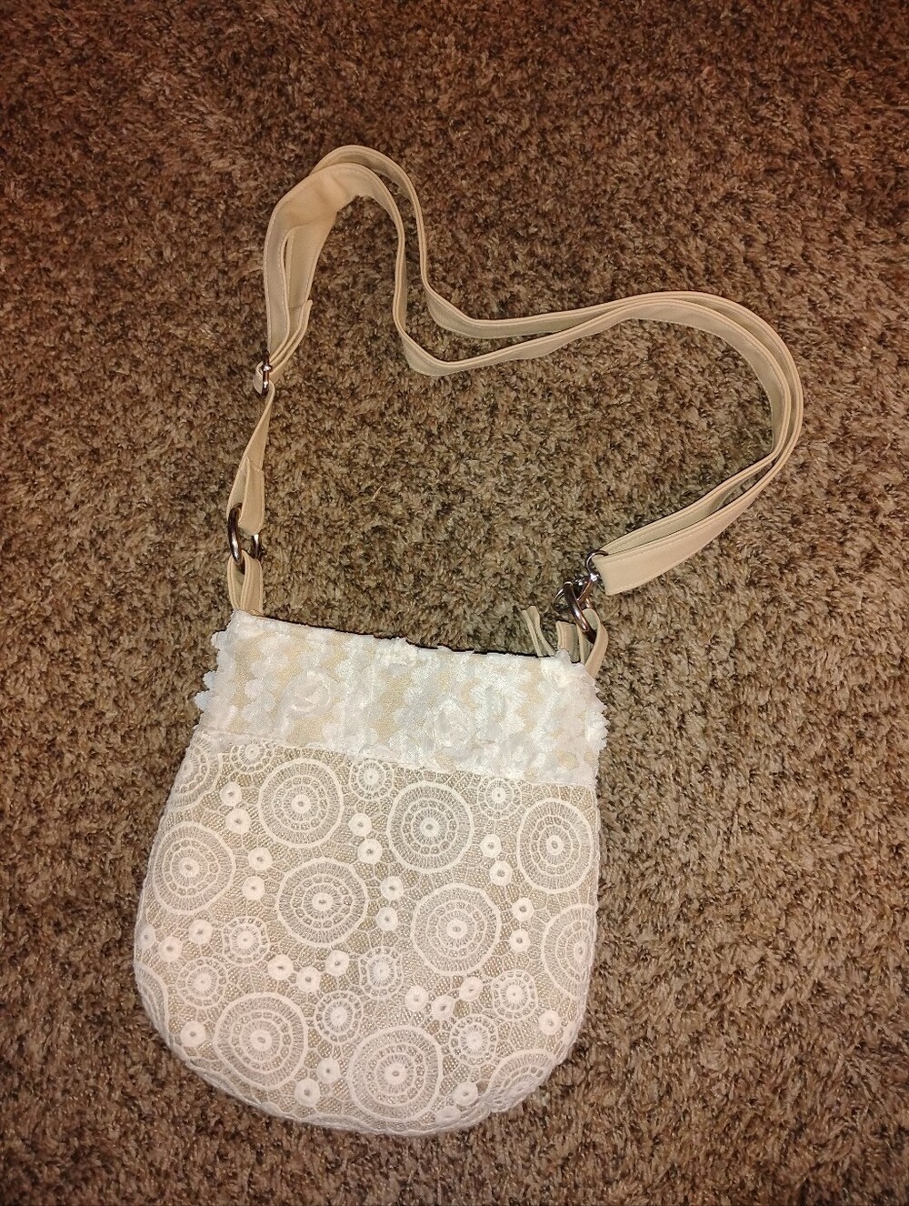 Boho Chic Beige Lace & Floral Trim Crossbody Bag / Shoulder Purse